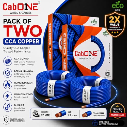 Image of CabONE 1.5 SQ.MM FR PVC Insulated Copper Electrical Wire, 90 Meter (Blue, Pack of 2) | ISI Marked Fire Retardant Single Core Cable for Home Wiring