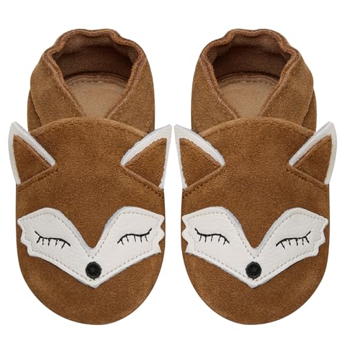 IceUnicorn Chausson Bebe Chausson Cuir Bébé Chaussure Premiers Pas Bébé Garçon Fille Cuir Souple antidérapantes Chausson Bébé(Renard Châtaigne, 6-12...