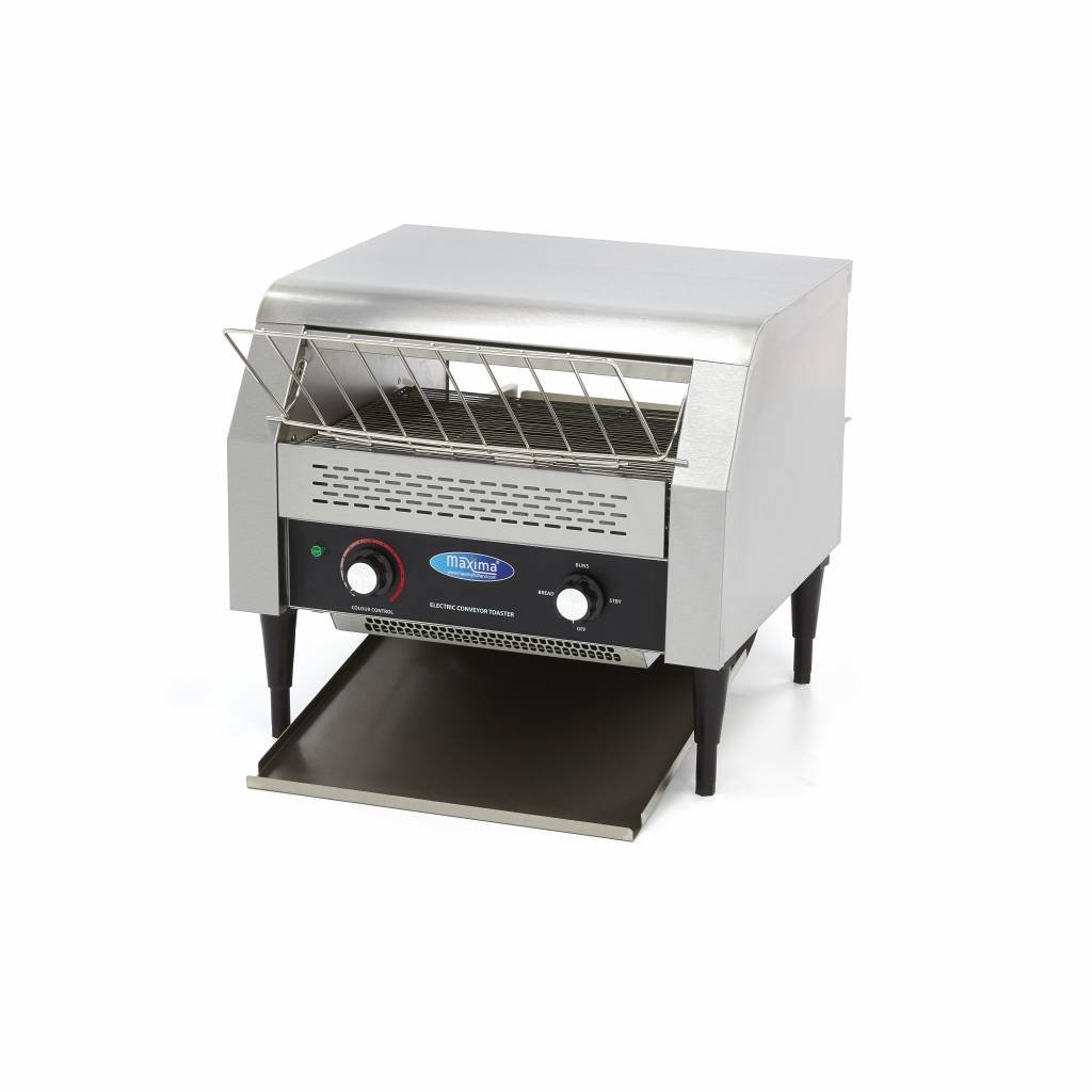 Davant view of the Maxima MTT-450 Commercial Conveyor Toaster, showcasing its stainless steel construction and control panel.