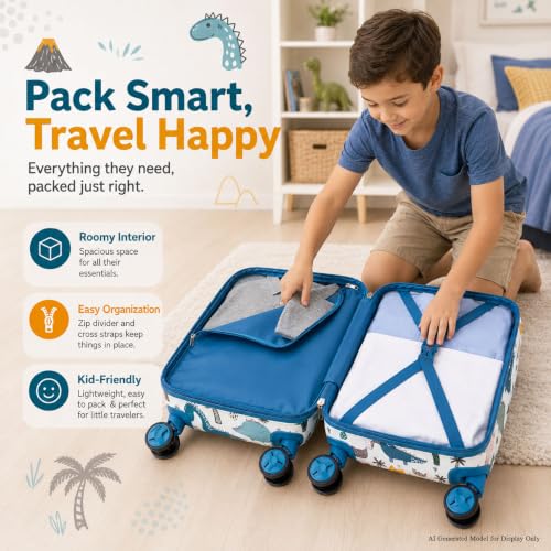 Image of CCJPX 5Pcs Kids Luggage for Boys, 16 inch Travel Suitcase Set with Spinner Wheels, Dinosaur Hardside Carry on Toddler Rolling Suitcase Airline Approved (White)
