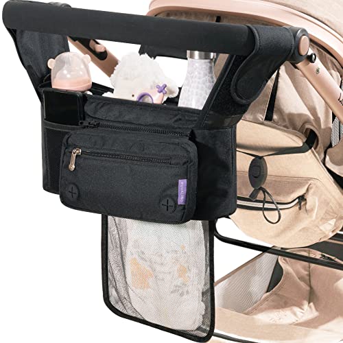 Universal Stroller Organizer with Cup Holders, RUVALINO Stroller Caddy with Detachable Bag, Tissue Pocket, Non-Slip Strap Accessories for Uppababy, Umbrella, Wagon, Baby Jogger, Bob, and Pet Stroller (OG177B)