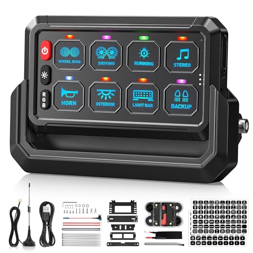 BUMBEE Wireless Switch Panel 8 Gang with Remote Control up to 165ft RGB Toggle Panel with Momentary, Strobe, Flash Modes, 60A Relay Box & Built-in 1000mAh Battery for 12-24V Truck, Offroad Car