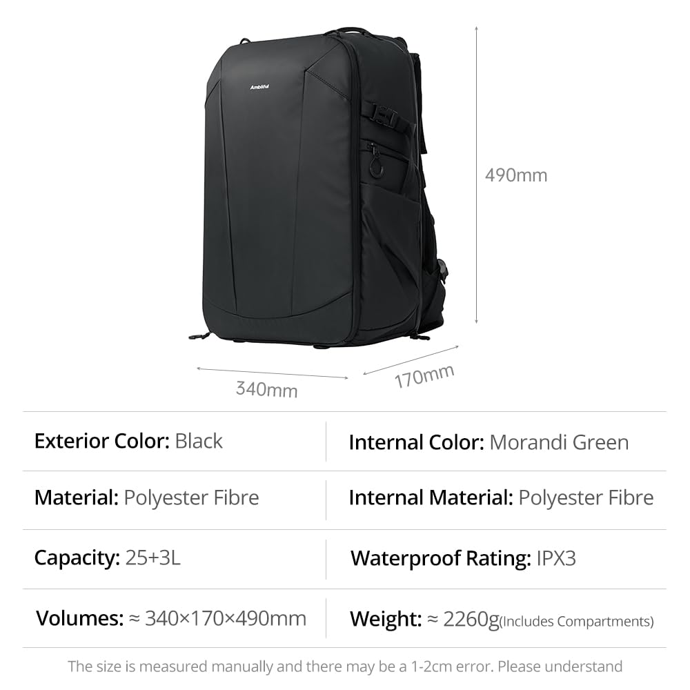AMBITFUL Mochila grande para cámara DSLR/SLR sin espejo, ergonómica, suspendida, profesional, impermeable, con soporte para trípode y compartimento para laptop, color negro (25 L + 3 L, OM-28)