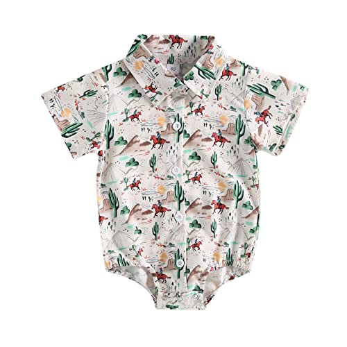 Image of Gueuusu Western Baby Boy Clothes Cow Print Onesie Romper Short Sleeve Button Up Dress Shirt Bodysuit Country Cowboy Clothes (Creamy, 0-3 Months)