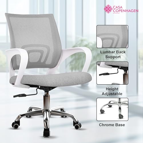 Image of Casa Copenhagen Mesh Mid Back Office /Study /Computer /Revolving /Desk Chair for Work from Home -Metal Base, Height Adjustable Seat - Stone Grey & White Handle