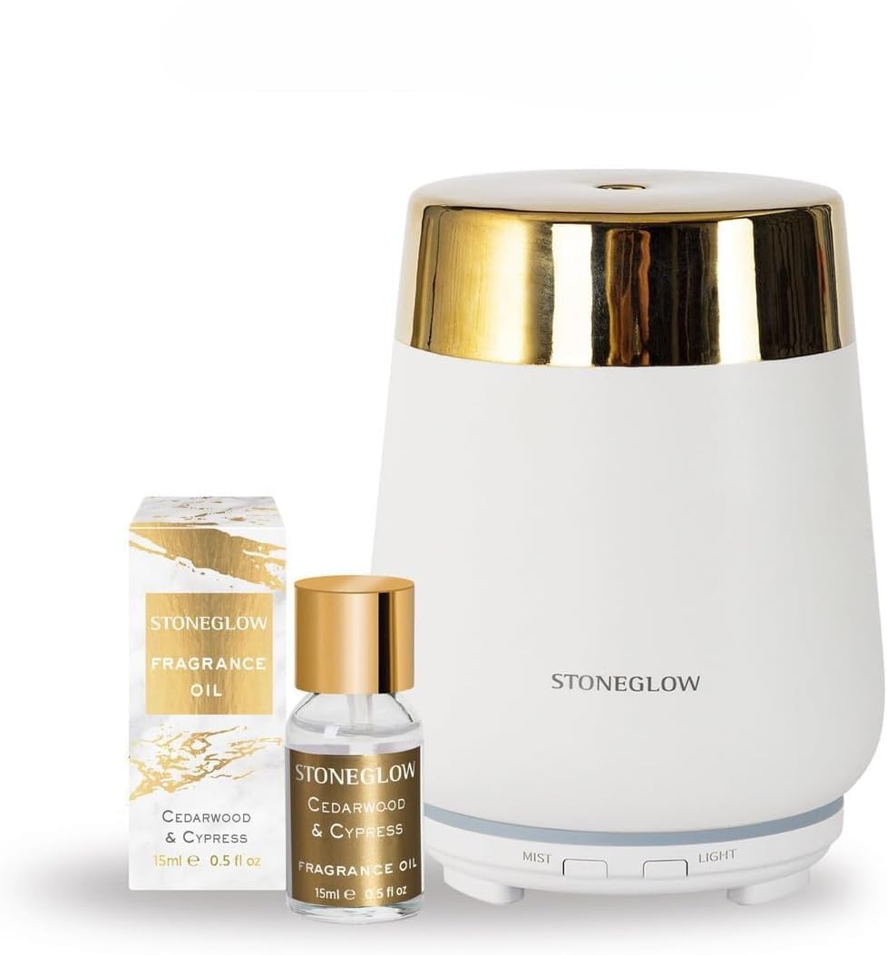 Stoneglow White Luna Collection Ceramic Perfume Mist Diffuser Starter Kit With Cedarwood & Cypress Fragrance Oil ( & Gold)