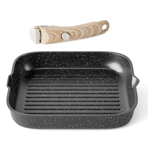 RIOVARM Grillpfanne Induktion 28 cm mit abnehmbaren Griffen, Antihaft Steakpfanne gerillt für alle Herdarten, Für Backofen und Geschirrspüler geeignet, Pfanne mit Ausguss,...