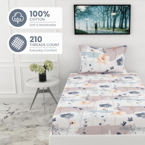 Image of LORETO - A QUALITY LINEN BRAND 210 TC 100% Pure Cotton Single Fitted Bedsheet with 1 Pillow Cover for 78 x 36 Inch Mattress, All-Around Elastic, 8 Inch Deep Pocket, Blue & Peach