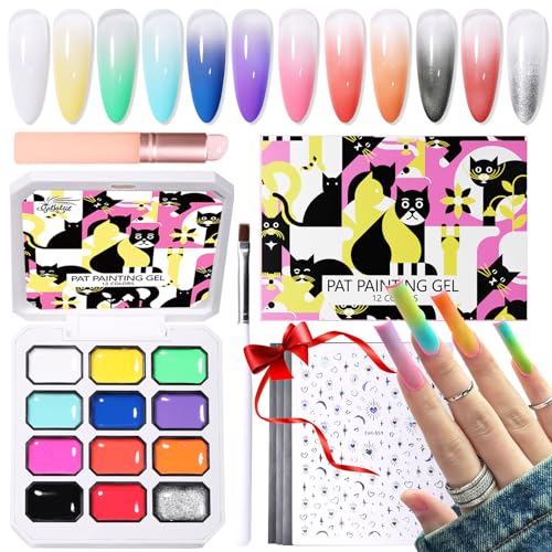 GELLAKTIK 12 Color Patting Nail Gel Polish Kit Ombre Painting Gel Palette with Brush & Silicone Patting Pen & Nail Art Stickers - UV/LED Curing for Gradient Nails Beginner Friendly DIY Manicure Set