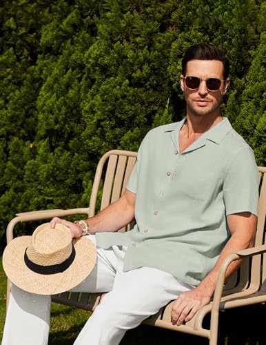 Image of COOFANDY Men 2 Piece Linen Outfit Beach Button Down Shirt Casual Loose Pant Sets