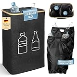 NOUR Pfandflaschen Sammelbehälter 160L, 2 Fächer, Recycling Behälter für Leergut & Glas, Flaschensammler mit Tragetasche, Ideal für Küche, Schwarz