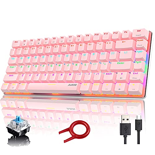 Teclado mecánico, AK33 Rainbow LED retroiluminado USB Cable Teclado para juegos, 82 teclas Teclado compacto para juegos con teclas anti-ghosting para jugadores y tipistas (interruptor azul, rosa)