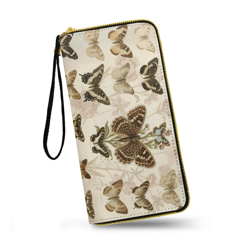 Vintage Butterfly Illustration Print Slim Wallet for Women Vegan PU Leather Long Billfold Wallets, Scientific Butterflies Collection Wristlet Clutch Card Organizer
