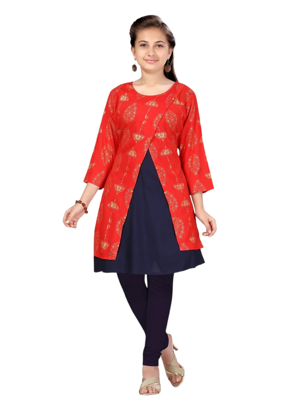 Aarika Girl's Cotton Regular Tunic Shirt (KURTI-3128_Red-Navy Blue_40)