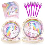 96 Pcs Unicorn Birthday Party Decorations 350 GSM Disposable Rainbow Unicorn Plates and Napkins Fork Tableware Set For Girls Unicorn Themed Birthday Party Baby Shower Supplies Decorations Serves 24