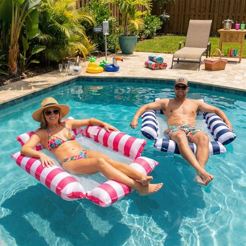 Pool Floats Adult Inflatable Hammock with Cooling Mesh, Portable Foldable Water Chair for Beach Vacation Essentials, Striped Floaties for Adults, Lightweight for Travel & Summer Relaxing