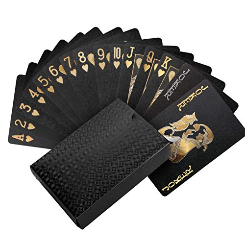 LEMESO Baraja Poker Plastico Negro Impermeable(54 Cartas,Dorado) Ideales para Juegos y Trucos de Magia Cover