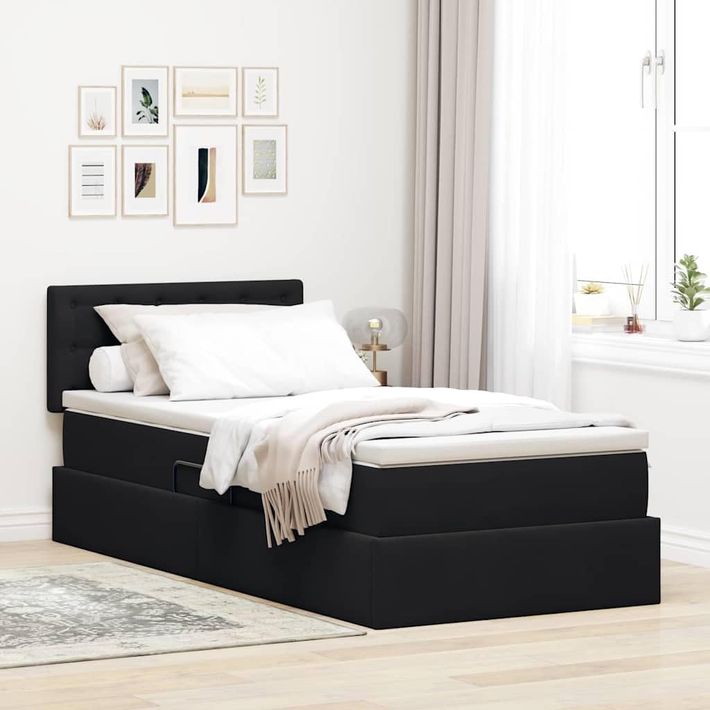Cama de almacenamiento LED con colchón, 100 x 200 cm, terciopelo negro, cabecero ajustable, tira LED USB, cama de almacenamiento, colchón de muelles ensacados para la comodidad del dormitorio