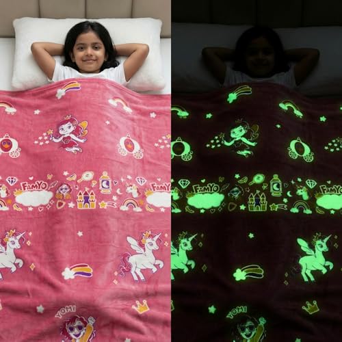 Image of Famyo Glow in The Dark Blanket & Fitted Bedsheet Combo for Kids | 0-15 Years, 200x152 cm Queen Size, Soft Flannel Fleece Throw, Soft 300 TC Cotton Bedsheets, Cozy & Warm All-Season Radium