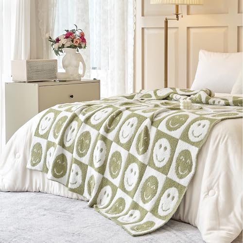 Image of Ultra Soft Cozy Happy Smiling Face Checkered Knitted Throw Blanket Fluffy Microfiber Checkerboard Bed Blanket Lightweight Both Sides Blanket for Couch Sofa Bed (Smile Green, Throw 50 inchx60 inch)