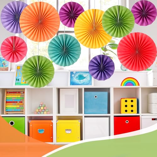 Image of 18 Pcs Rainbow Hanging Paper Fans Decor Back to School Paper Fans Round Paper Garlands Bulletin Board Classroom Decorations for Party Supplies Classroom Decor