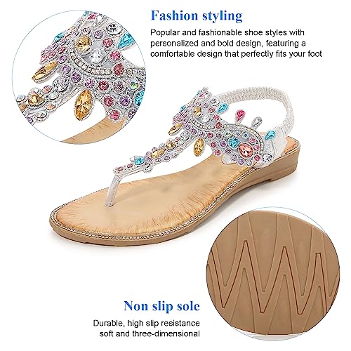 Women's Beaded Rhinestones Sandals T-Strap Bohemian Sandals Breathable Dressy Summer Shoes Outdoor4