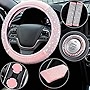 7 Pcs Pink Bling Pink Steering Wheel Cover Set Fluffy Car Accessories for Women Includes Rhinestone Seat Belt Covers and 2.75 Inch Bling Car Cup Holders Fuzz Gear Shift Cover Crystal Push Start Button