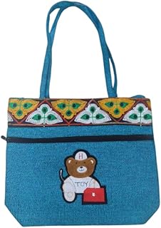 puri handicraft Kids Canvas Tote Bag with Bear Applique, Turquoise Blue, Embroidered Tribal Border, Shoulder Straps, Zipper Closure-picture-34