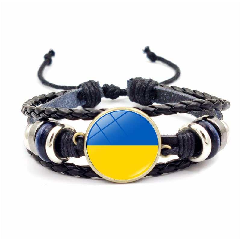 Enrunnig Ukraine bracelet blue yellow,Ukraine flag bracelet,Ukraine bracelet vintage Ukrainian symbol glass cabochon charm multilayer leather bracelet for men women souvenirs. (A)