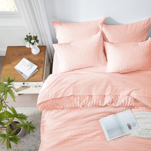 Image of Zzlpp King Comforter Set 7 Pieces, Pink Seersucker Bed in a Bag with Comforter and Sheets, All Season Bedding Sets with 1 Comforter, 2 Pillow Shams, 2 Pillowcases, 1 Flat Sheet