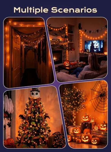 Image of Halloween Lights Plug in, 33FT 100LEDs Orange Fairy Lights, Waterproof Flexible Black Wire String Lights for Bedroom Home Party Ghost Haunted House Indoor Outdoor Halloween Decorations, Orange