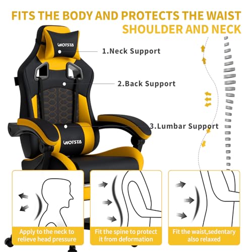 Image of Gaming Chair with Massage,Ergonomic PC Gaming Chair with Footrest Comfortable Headrest and Lumbar Support,High Back Game Chair PVC Leather,300LBS (BlackYellow)