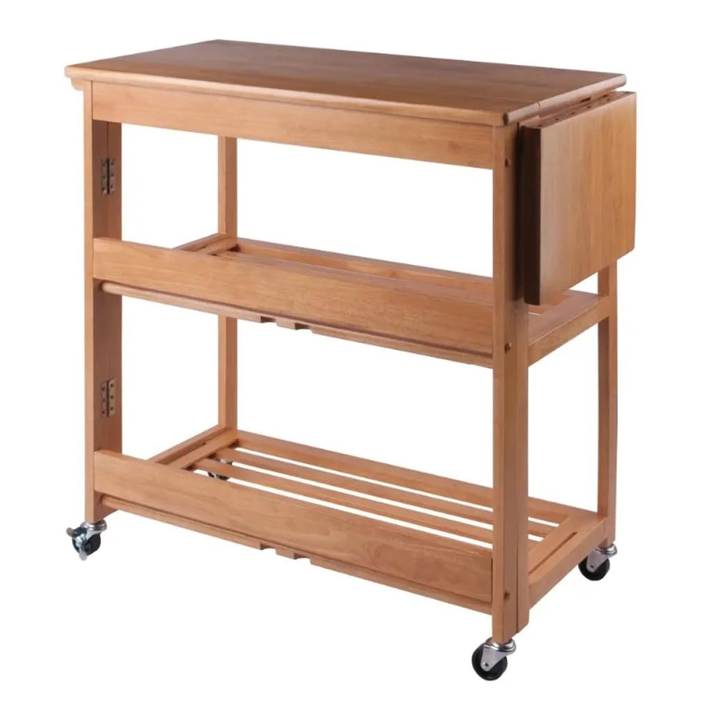 Rolling Kitchen Cart, Portable Kitchen Island Wood Foldable Utility Kitchen Cart, Light Oak Finish, 1