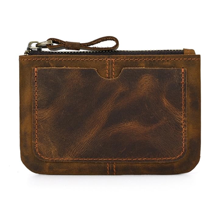 Genuine Leather Small Zipper Pouch Coin Purse Change Holder (Brown)2
