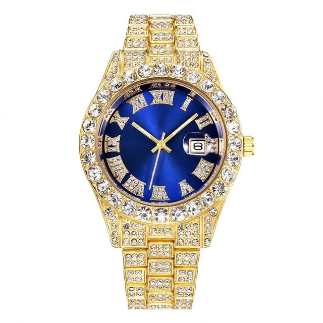Stainless Steel Quartz Watch for Men with Calendar & Metal Band | Gold Blue