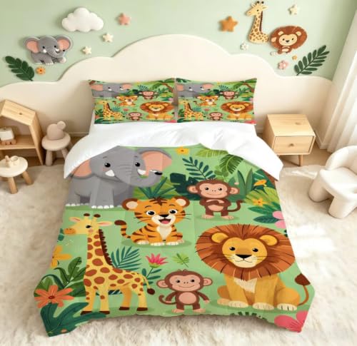 Image of Cute Animal Comforter Set Twin Size Zoo Jungle Bedding Sets for Boys Girls Kids Teens Bedroom Cartoon Elephant Monkey Giraffe Lion Tiger Quilt 1 Comforter 1 Pillowcase