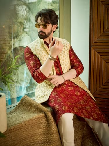 Image of SOJANYA (Since 1958 Men's Silk Blend Printed Maroon Kurta & Beige embroidery Nehru Jacket With Off White Churidar Pyjama