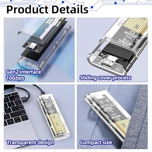 Carcasa M.2 NVMe USB C 10Gbps, Caja Externa SSD M.2 2230/2242/2260/2280 M-Key Transparente con UASP Trim, Adaptador Disco Duro SSD NVMe USB 3.1 Gen2 Plug and Play Compatible Windows Mac Linux Android - imagen 3