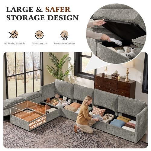 Image of Ihanherry 135 inch Modular Sectional Sofa with Storage, U Shaped Cloud Couch with Movable Ottomans & 4 Pillows, Chenille Deep Seat Sectional Couches for Living Room, Apartment (Grey)