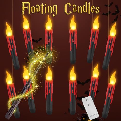 Qmioti Floating Candles with Wand Timer Remote Control - 12 Pack Flickering Warm Light LED Candle, Halloween Decorations for Indoor Outdoor Home Room, Party, Birthday, Wedding(Black)