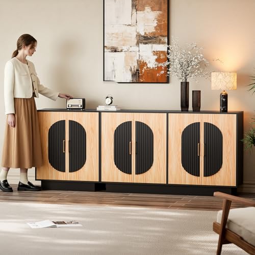 Image of 87 inch Fluted Modular Buffet Cabinet with Arched Doors & Gold Handles, Mid Century Modern Sideboard Credenza Storage with Adjustable Shelves, Wood Coffee Bar Console Table for Dining Living Room