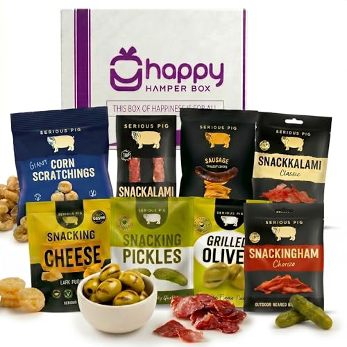 Happy Hamper Box Savoury Snack Hamper 8 Packs Pub Treats Serious Pig Selection with Cheese Bites Salami Snacking Pickles Grilled Olives Crisps Gourmet Food Gift for Him Thank You Birthdays