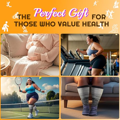Image of Plus Size Compression Socks for Women & Men 3 Pairs, Wide Calf Extra Large 20-30 mmHg Knee High Support Socks for Travel, Running, Nurse