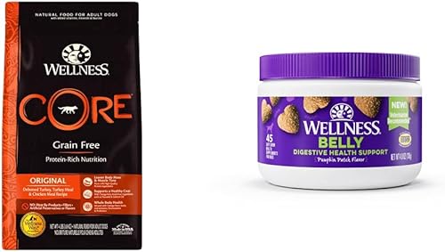 Wellness Paquete de alimentos y suplementos CORE Alimento seco natural sin granos, pavo y pollo, bolsa de 4 libras de suplementos masticables suaves