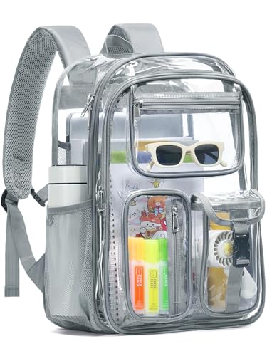 Image of Double-Layer Clear Backpack Heavy Duty, 17 Inch Large Clear Bookbag, Transparent See Through Backpack For School, Work, College, Travel, Sport- Light Grey