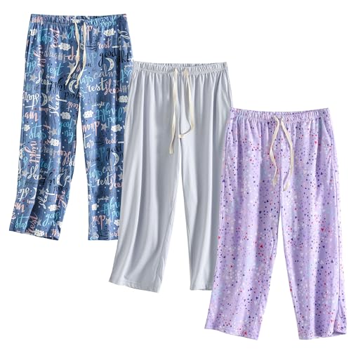 Image of PNAEONG 3 Pack Women Pajama Pants Capri Length Drawstring Pj Bottoms Sleep Lounge Pants with Pockets S-3XL