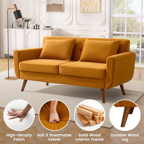Tbfit 65" W Loveseat Sofa, Velvet Mid Century Modern Love Seat Couches for Living Room, Button Tufted Upholstered Small Couch for Bedroom, Solid and Easy to Install Love Seats Furniture, Yellow
