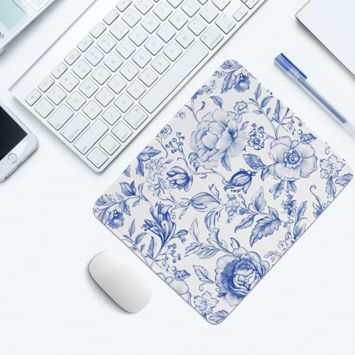 Image of Blue Floral Desk Mat,Blue Chinoiserie Mouse Pad,Blue and White Floral Desk mat,Flower Office Desk Decor, Girly Desk Mat for Dorm Home Office Desktop Decor,10.2x8.2 Inch