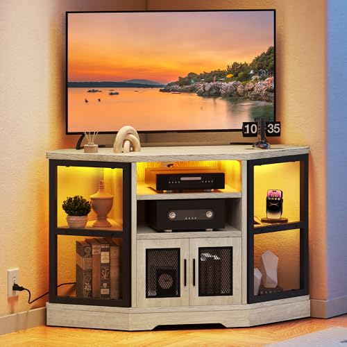DWVO Corner TV Stand 55/50 Inch TV w/Power Outlet & LED Light, Farmhouse Entertainment Center with Storage, Wood TV Media Console with Storage Cabinets Shelves for Living Room, White Oak