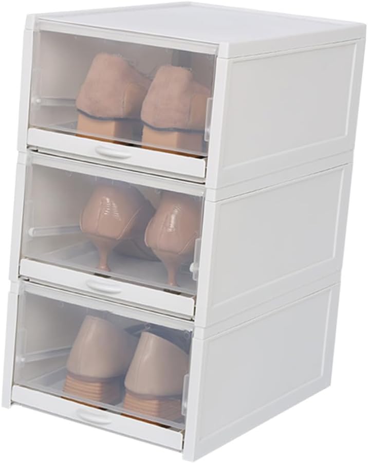 3pcs Plastic Stacking Shoe Storage Boxes Drawer Type Organizer for Women's Shoes Storage Organizer